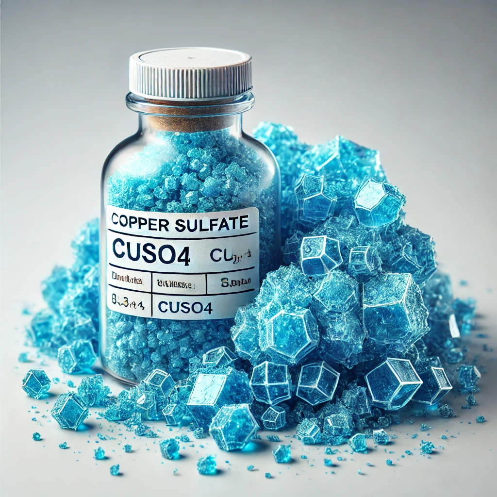 DALL·E 2024 12 02 09.00.49 A high quality and detailed image of copper sulfate crystals featuring vibrant blue crystalline structures placed in a clean laboratory setting with